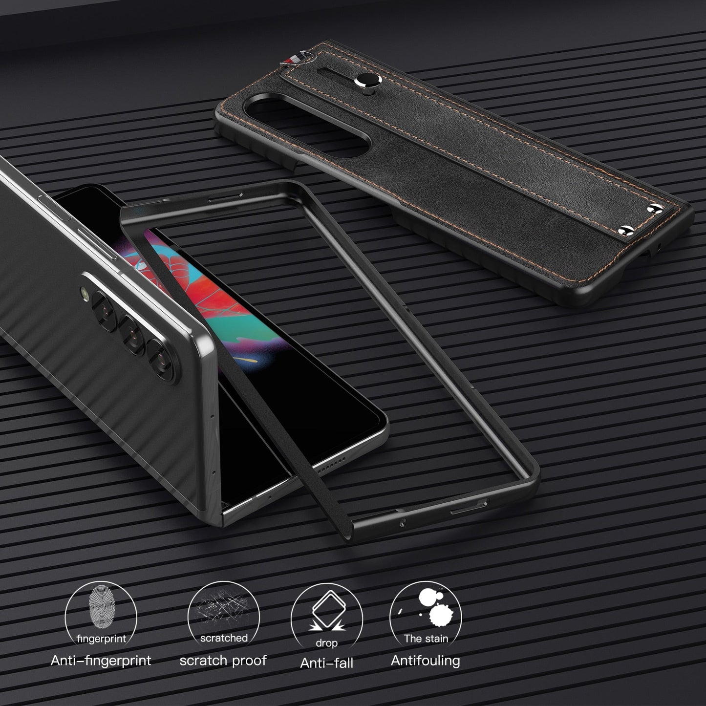 Samsung Galaxy Z Fold 3 5G Case Slim Lightweight Genuine Leather Hand Strap Protective Shockproof Cover