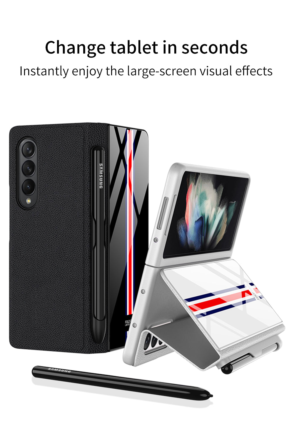 Leather Tempered Glass Pen Slot Case For Samsung Galaxy Z Fold 3 5G Full Protection Hard Cover