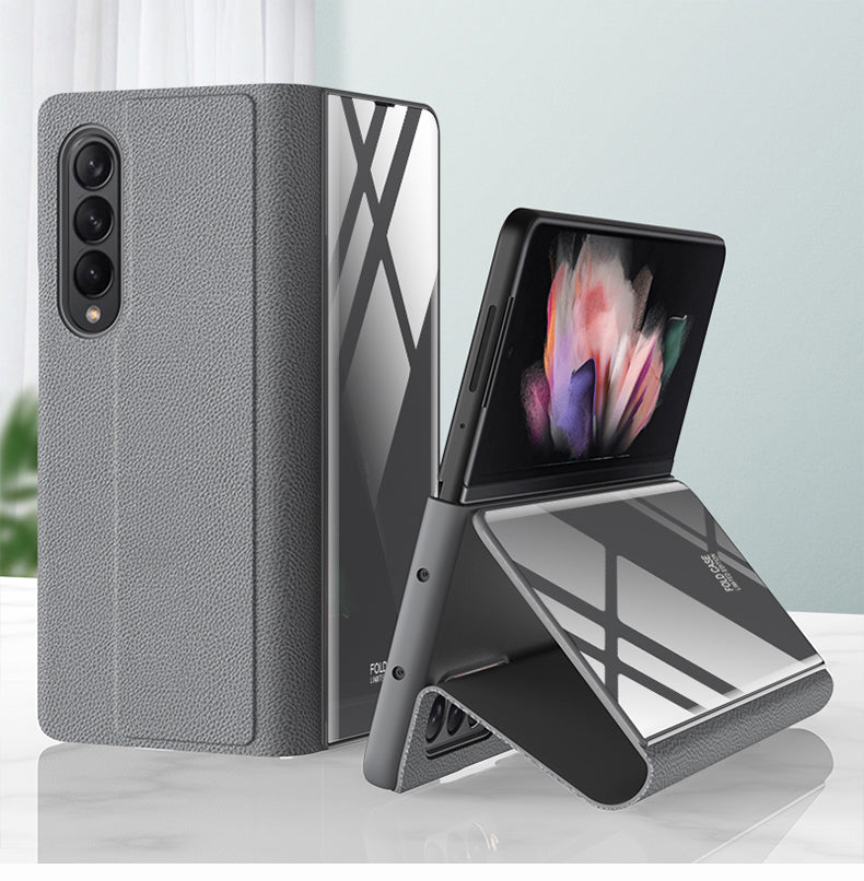 Leather Tempered Glass Case For Samsung Galaxy Z Fold 3 5G Cover Luxury Holster Anti-knock Hard For Samsung Z Fold3 5G Case