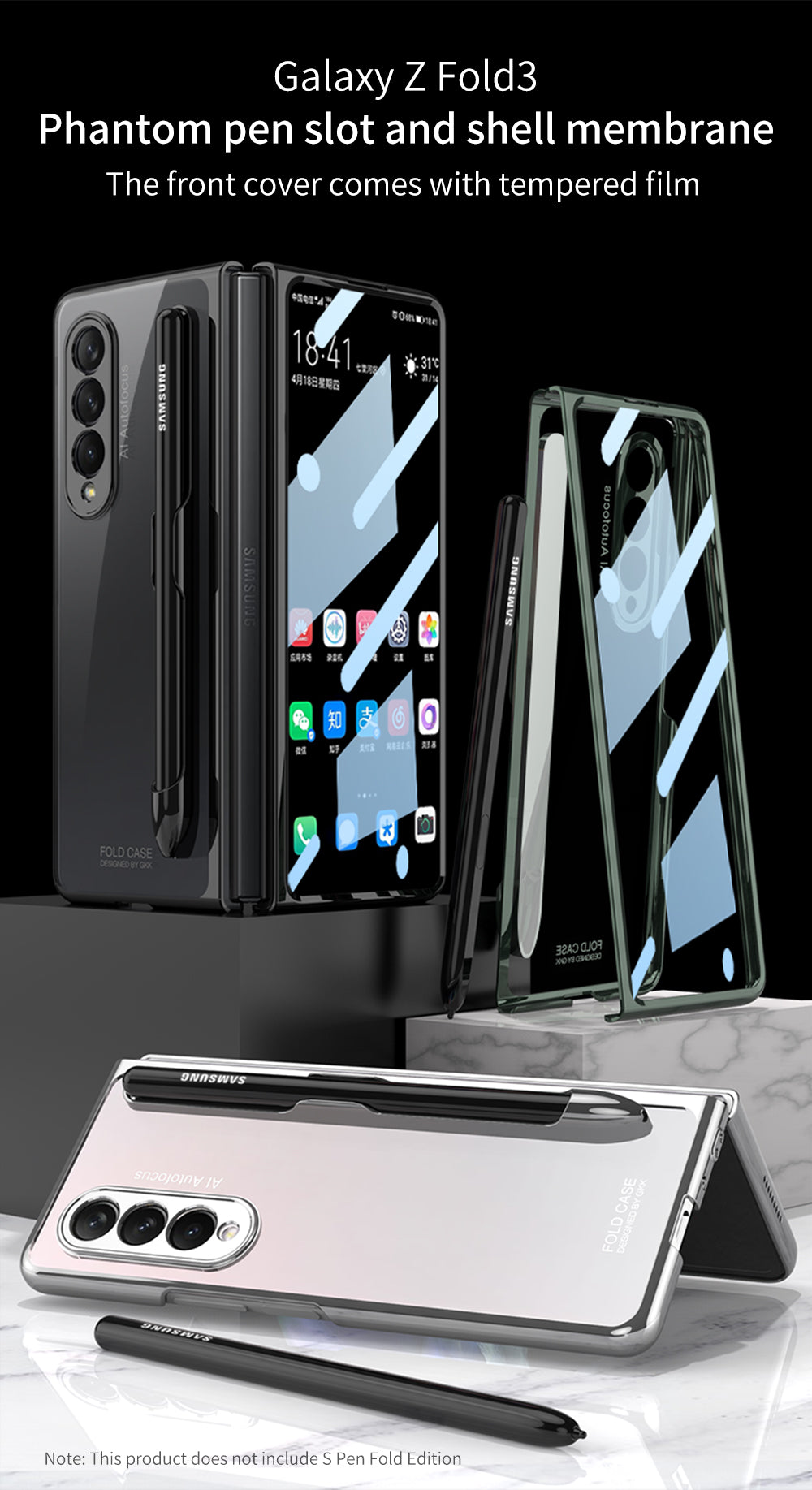 Front Tempered Glass Case For Samsung Galaxy Z Fold 3 5G Transparent Plating With Pen Slot Cover For Samsung Fold 3 5G Case