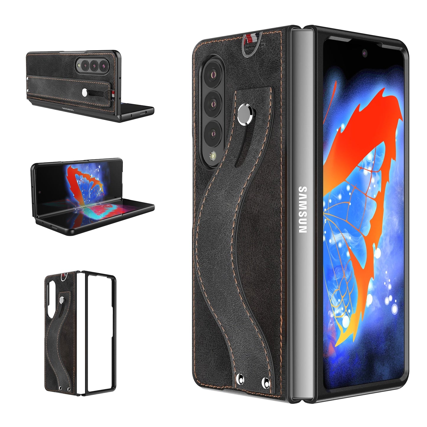 Samsung Galaxy Z Fold 3 5G Case Slim Lightweight Genuine Leather Hand Strap Protective Shockproof Cover