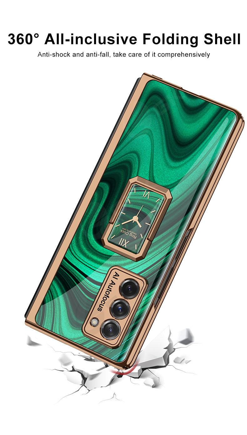 Luxury Plating Tempered Glass Case For Samsung Galaxy Z Fold 2 3 Case With Ring Stand Protection Cover For Galaxy Z Fold 2 3