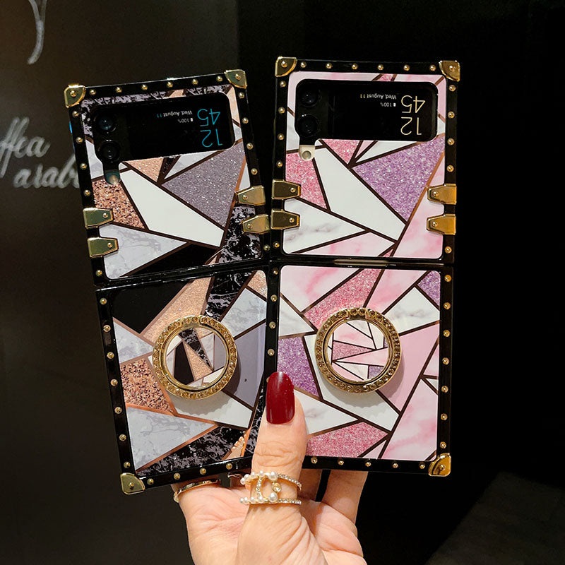 Luxury Rhombus Pattern Ring Holder Protective Case For Samsung Galaxy Z Flip4 Flip3 5G pphonecover