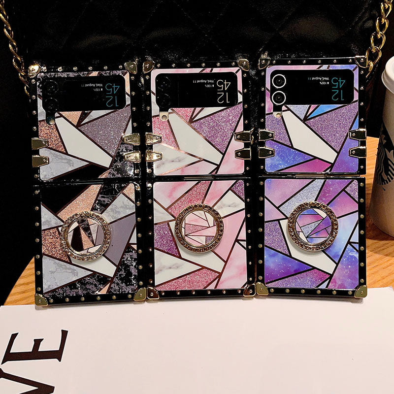 Luxury Rhombus Pattern Ring Holder Protective Case For Samsung Galaxy Z Flip4 Flip3 5G pphonecover
