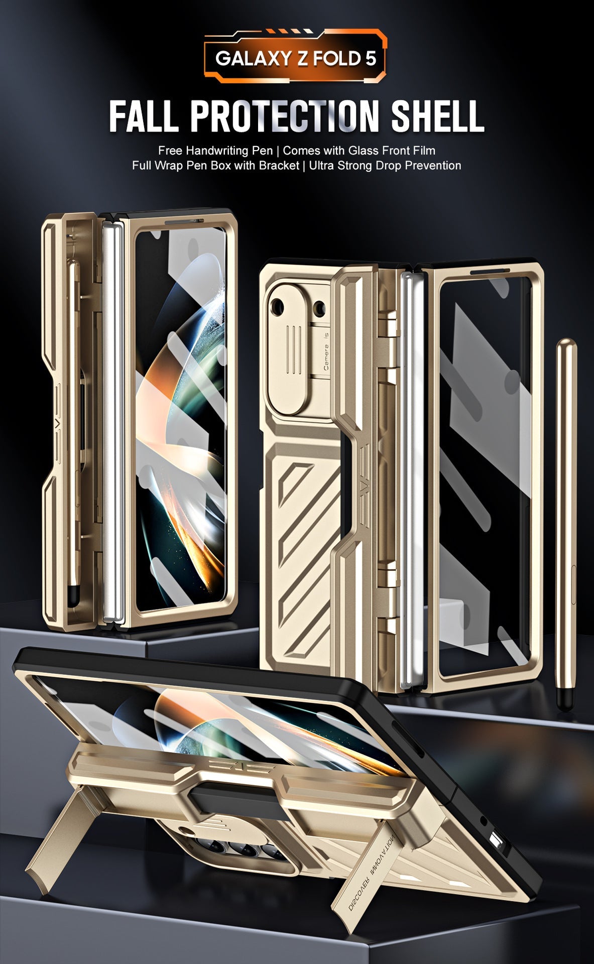 Ultra Strong Drop Prevention Case For Samsung Galaxy Z Fold5 With Bracket and Front Film Free Stylus