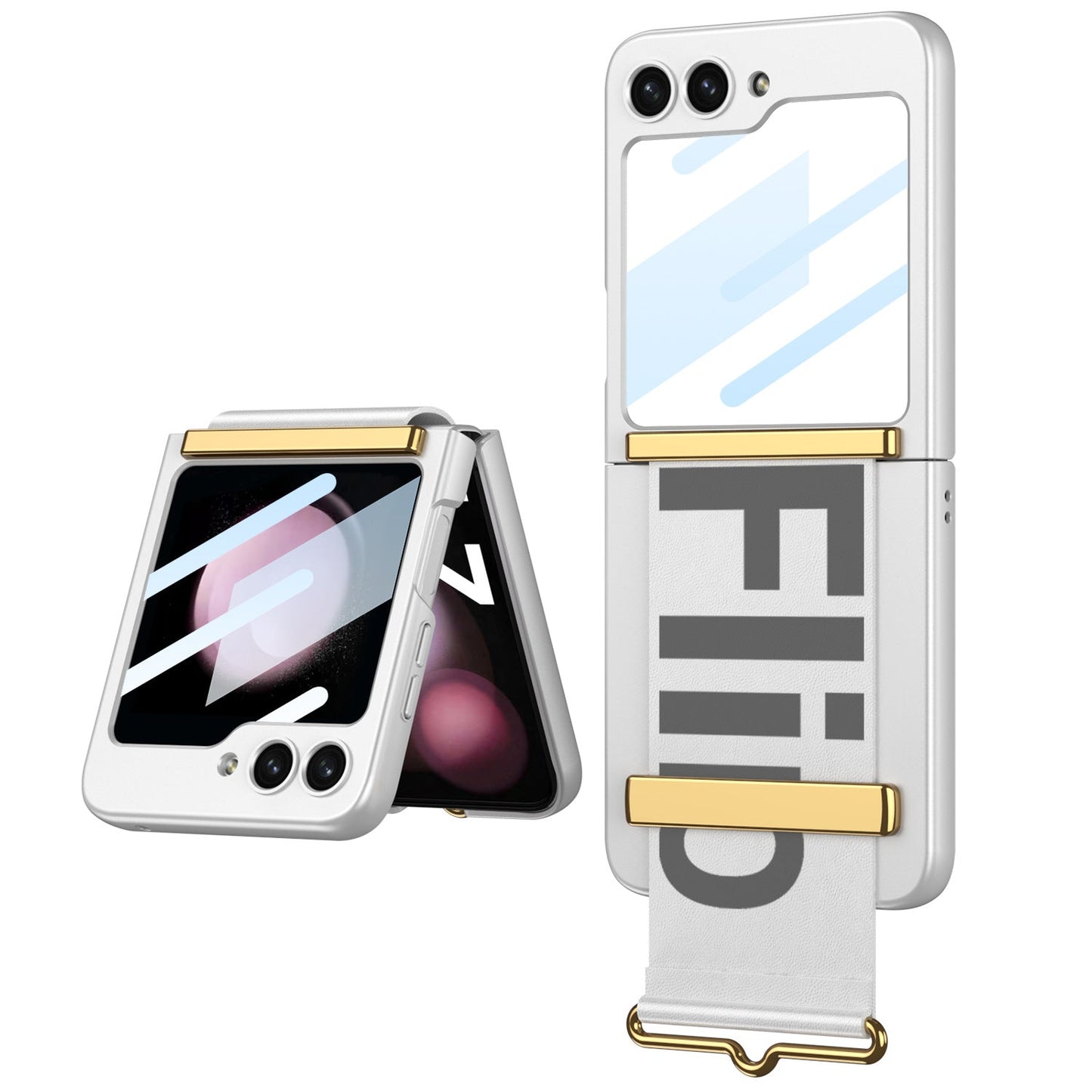 Samsung Galaxy Z Flip5 Wristband Case Ultra-thinFrosted Hard Shell With Tempered Glass Protector