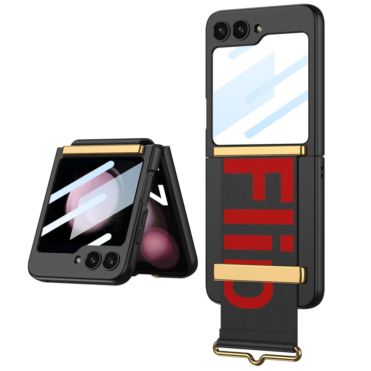 Samsung Galaxy Z Flip5 Wristband Case Ultra-thinFrosted Hard Shell With Tempered Glass Protector