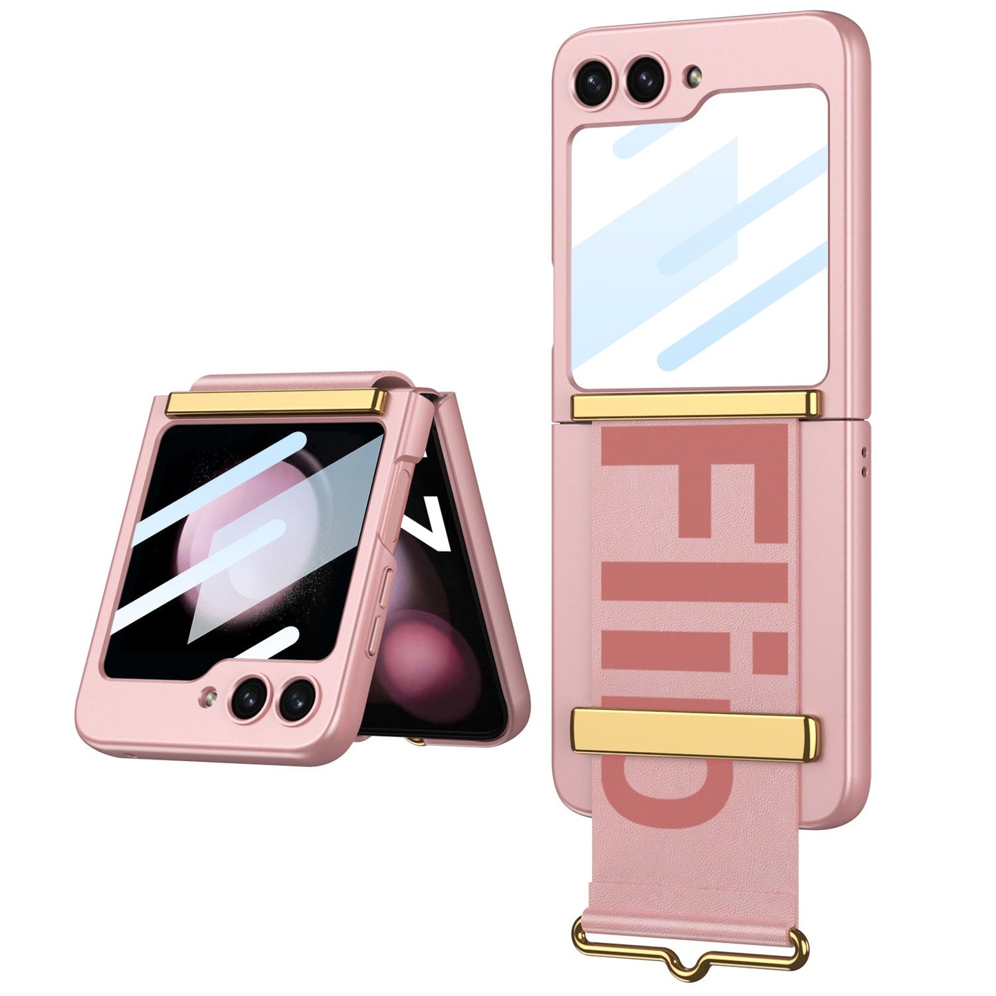 Samsung Galaxy Z Flip5 Wristband Case Ultra-thinFrosted Hard Shell With Tempered Glass Protector