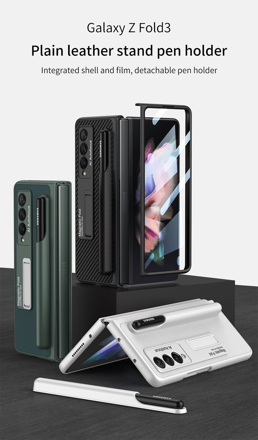 Luxury Leather All-included Protection Cover For Samsung Galaxy Z Fold 3 Case Pen Holder Stander Plastic For Galaxy Z Fold3