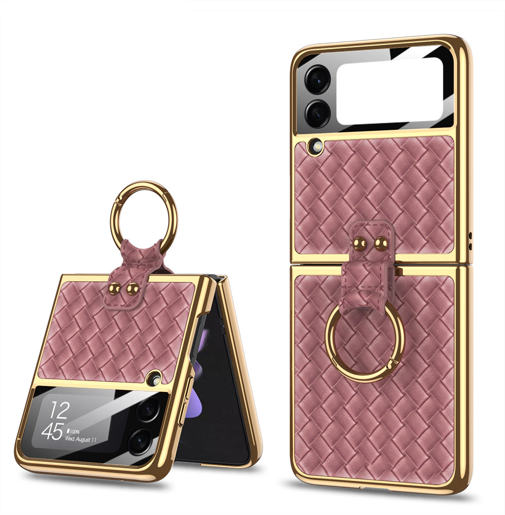 Electroplated Braided Leather Case For Samsung Galaxy Z Flip 3 5G Back Tempered Glass Phone Cover For Galaxy Z Flip3 Case
