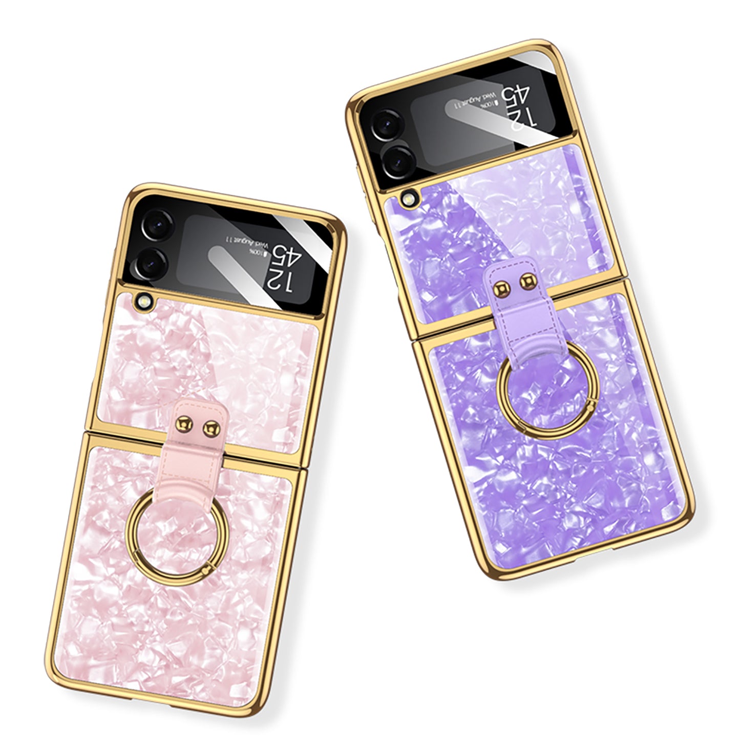 Shell Pattern Tempered Glass Case For Samsung Galaxy Z Flip 3 5G Plating Frame Ring hard Phone Cover For Galaxy Z Flip3 Case