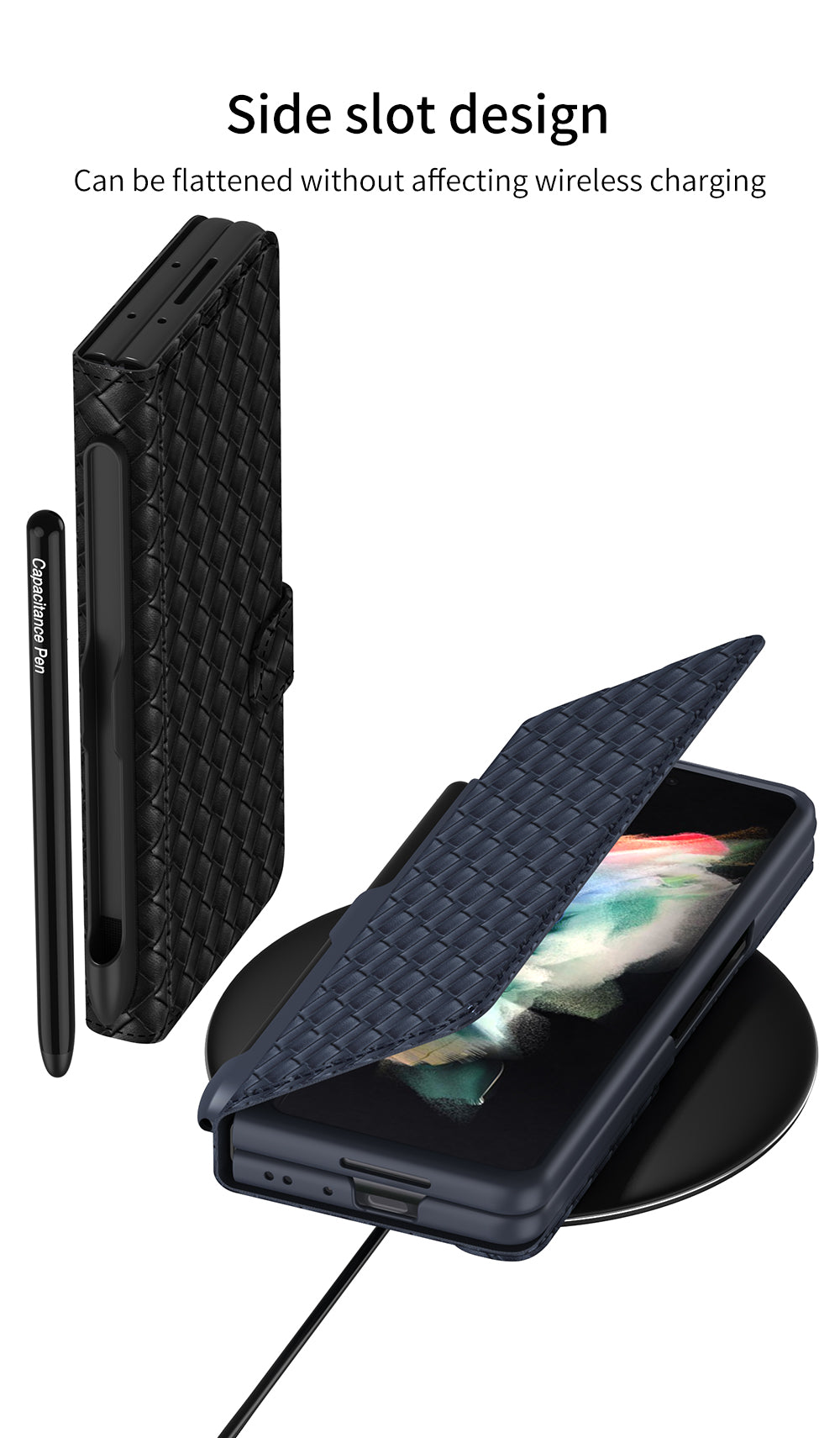 Leather Weaving BV Grid Case For Samsung Galaxy Z Fold 3 5G Card Clip Slot Phone Cover For Galaxy Z Fold 3 Case Included Pen