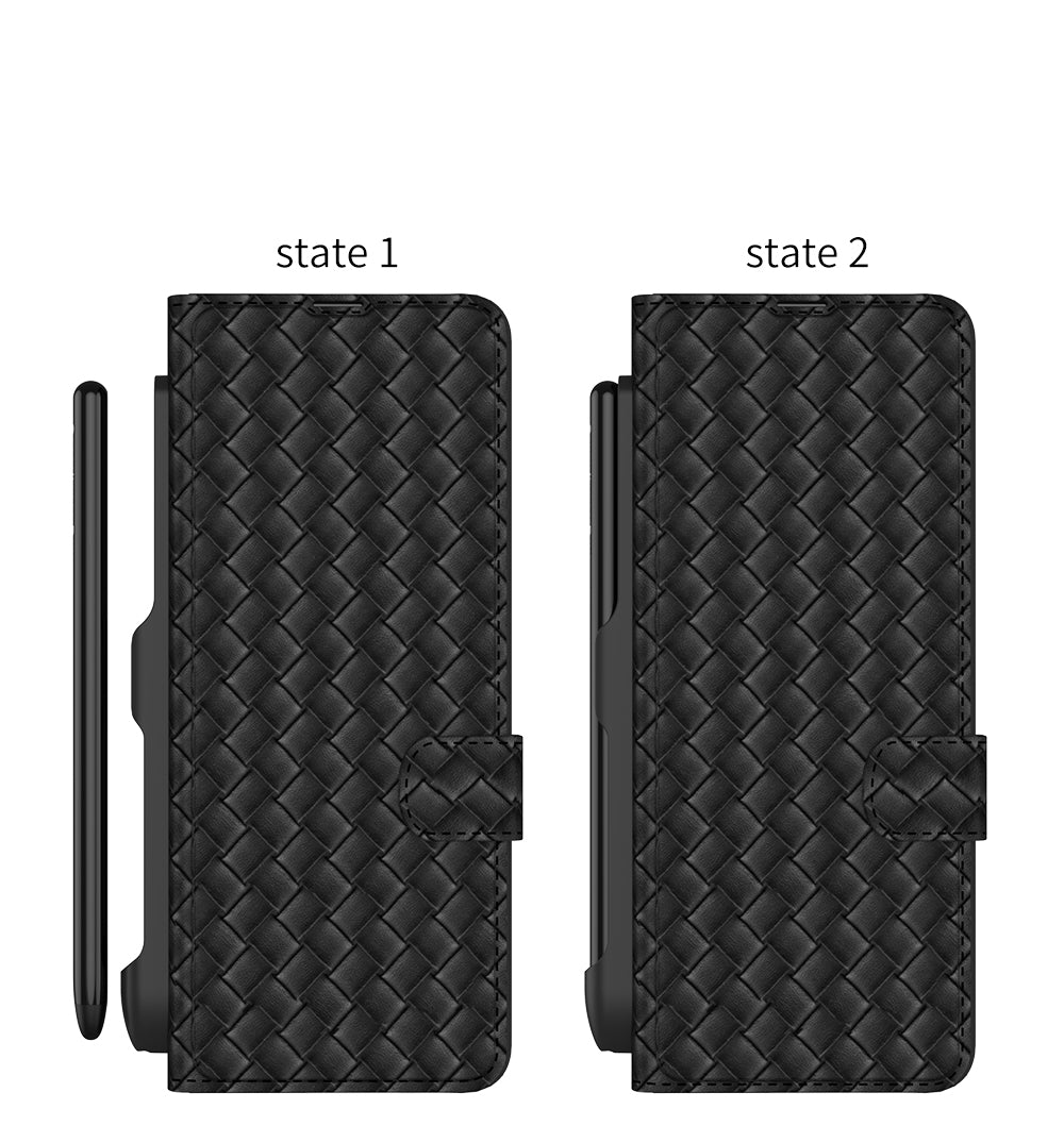 Leather Weaving BV Grid Case For Samsung Galaxy Z Fold 3 5G Card Clip Slot Phone Cover For Galaxy Z Fold 3 Case Included Pen