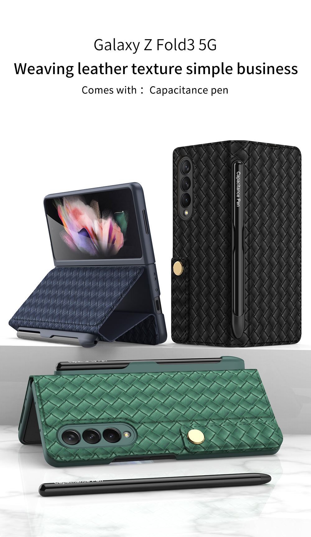 Leather Weaving BV Grid Case For Samsung Galaxy Z Fold 3 5G Card Clip Slot Phone Cover For Galaxy Z Fold 3 Case Included Pen