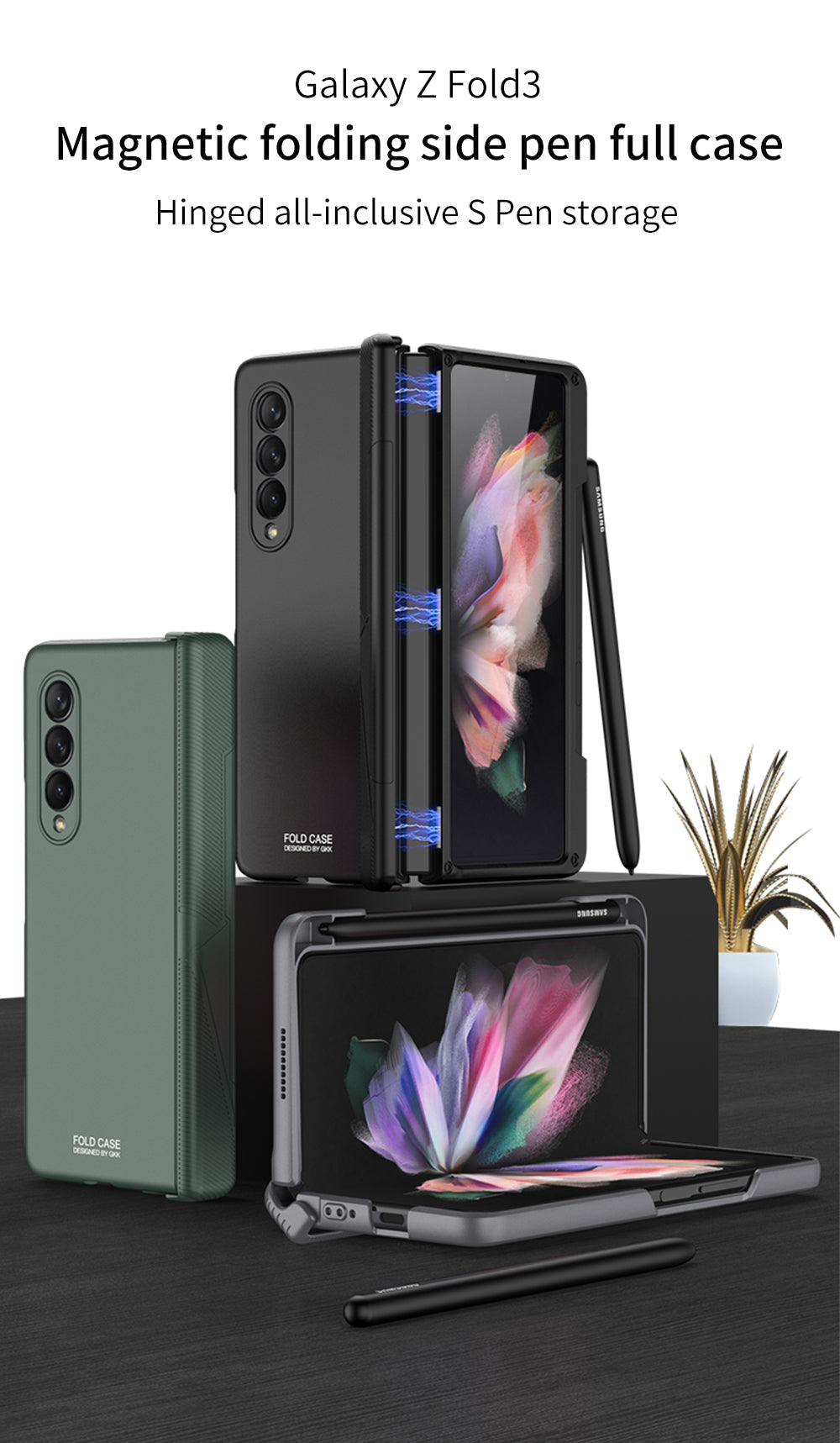 Samsung Galaxy Z Fold 3 5G Cover Magnetic Hinge Side Pen Slot Protection Plastic Case For Galaxy Z Fold3