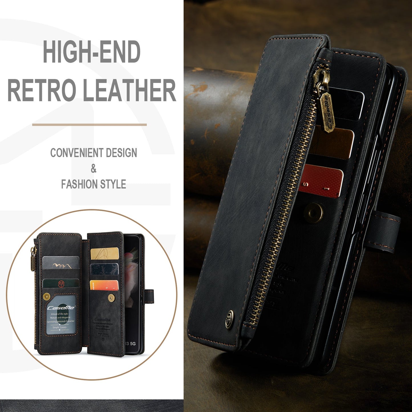 Durable PU Leather Magnetic Wallet Flip Lanyard Strap Wristlet Zipper Card Holder Phone Case for Samsung Galaxy Z Fold 3/Z Fold 4