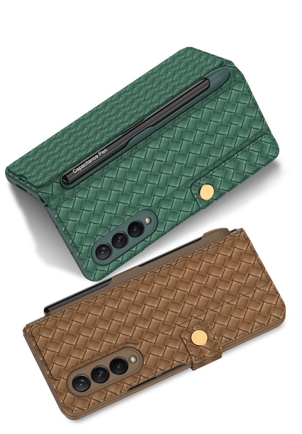 Leather Weaving BV Grid Case For Samsung Galaxy Z Fold 3 5G Card Clip Slot Phone Cover For Galaxy Z Fold 3 Case Included Pen