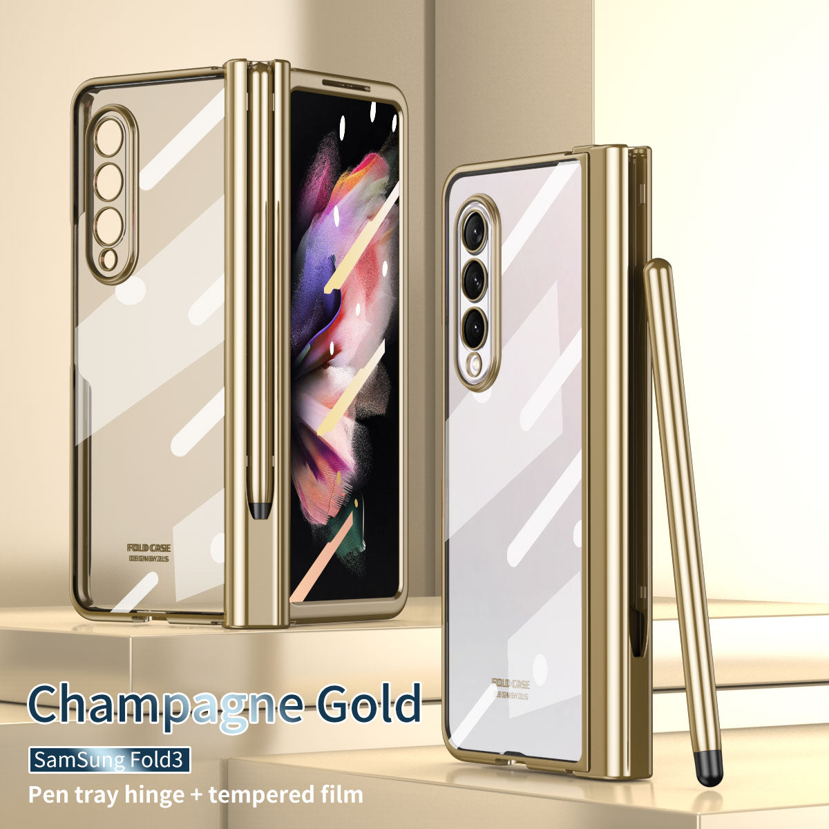S Pen Fold Edition Case for Samsung Galaxy Z Fold 2 Z Fold 3 Pencil Slot Electroplating Clear Back Cover with Tempered Glass