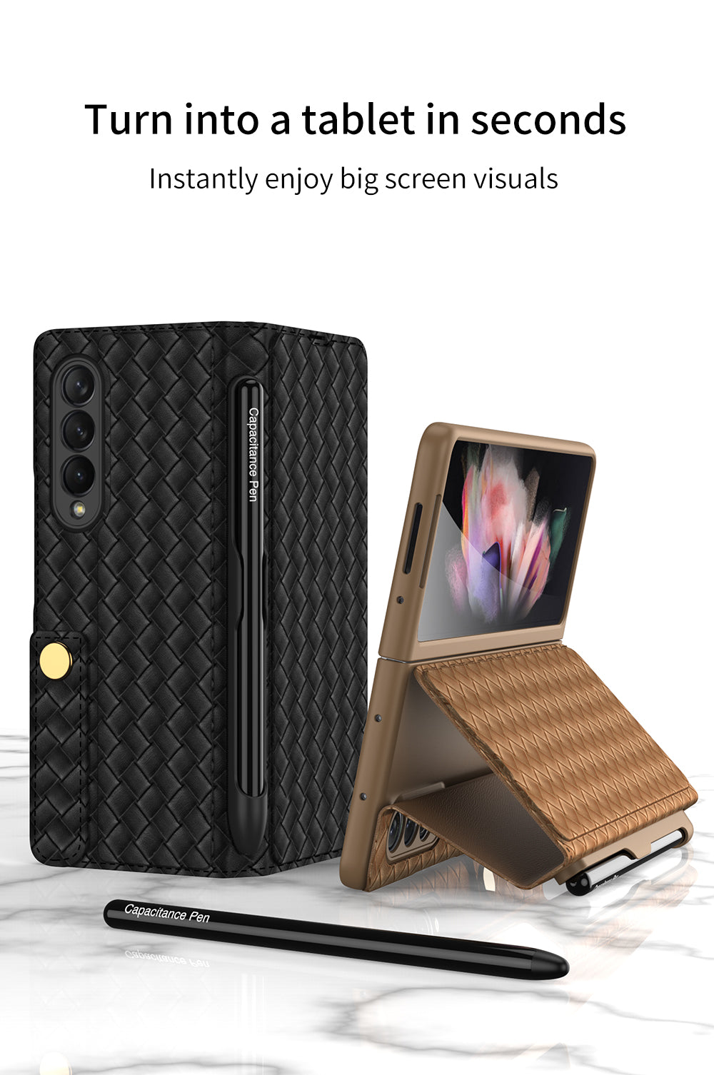 Leather Weaving BV Grid Case For Samsung Galaxy Z Fold 3 5G Card Clip Slot Phone Cover For Galaxy Z Fold 3 Case Included Pen