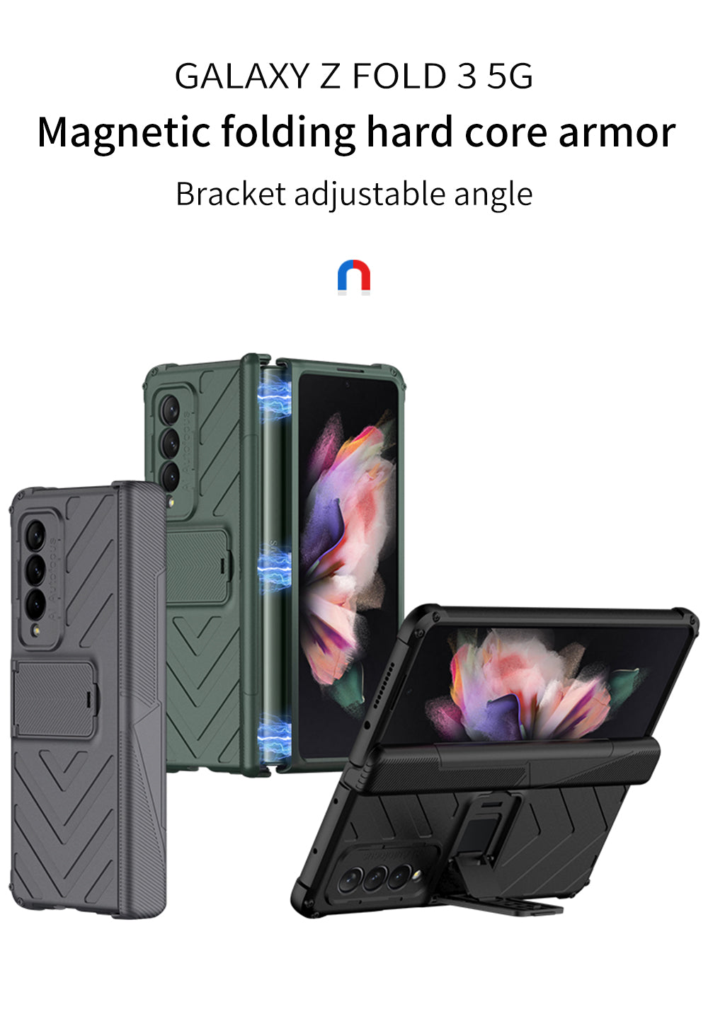 Heavy duty Armor Magnetic Hinge Cover For Samsung Galaxy Z Fold 3 5G Case Anti-knock Stand Cover For Galaxy Z Fold 3 Funda