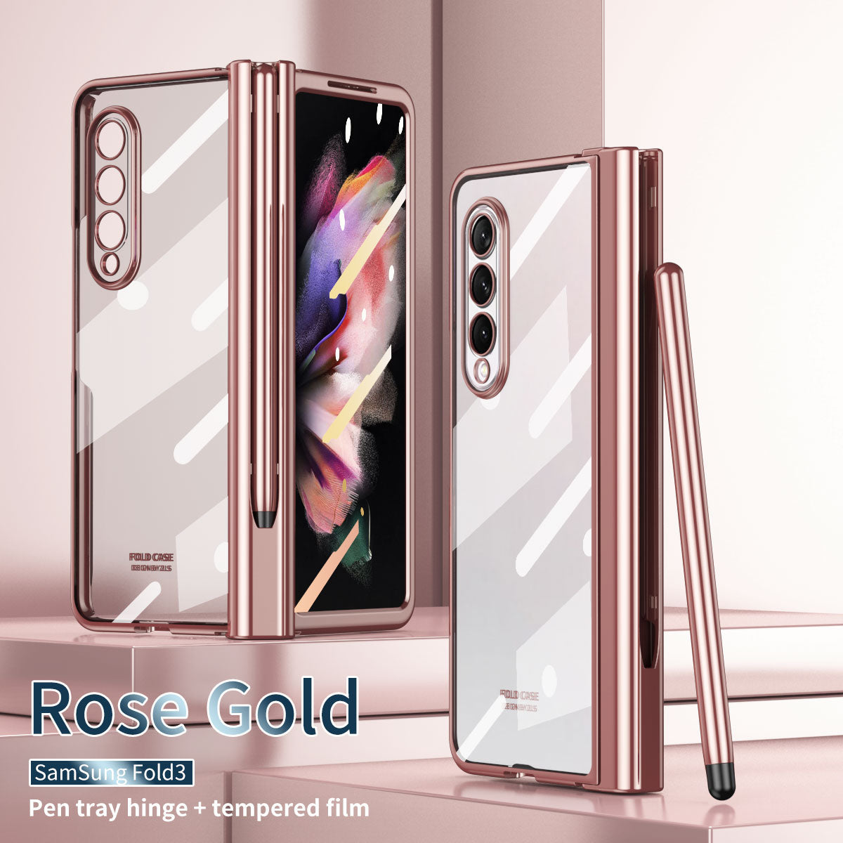 S Pen Fold Edition Case for Samsung Galaxy Z Fold 2 Z Fold 3 Pencil Slot Electroplating Clear Back Cover with Tempered Glass
