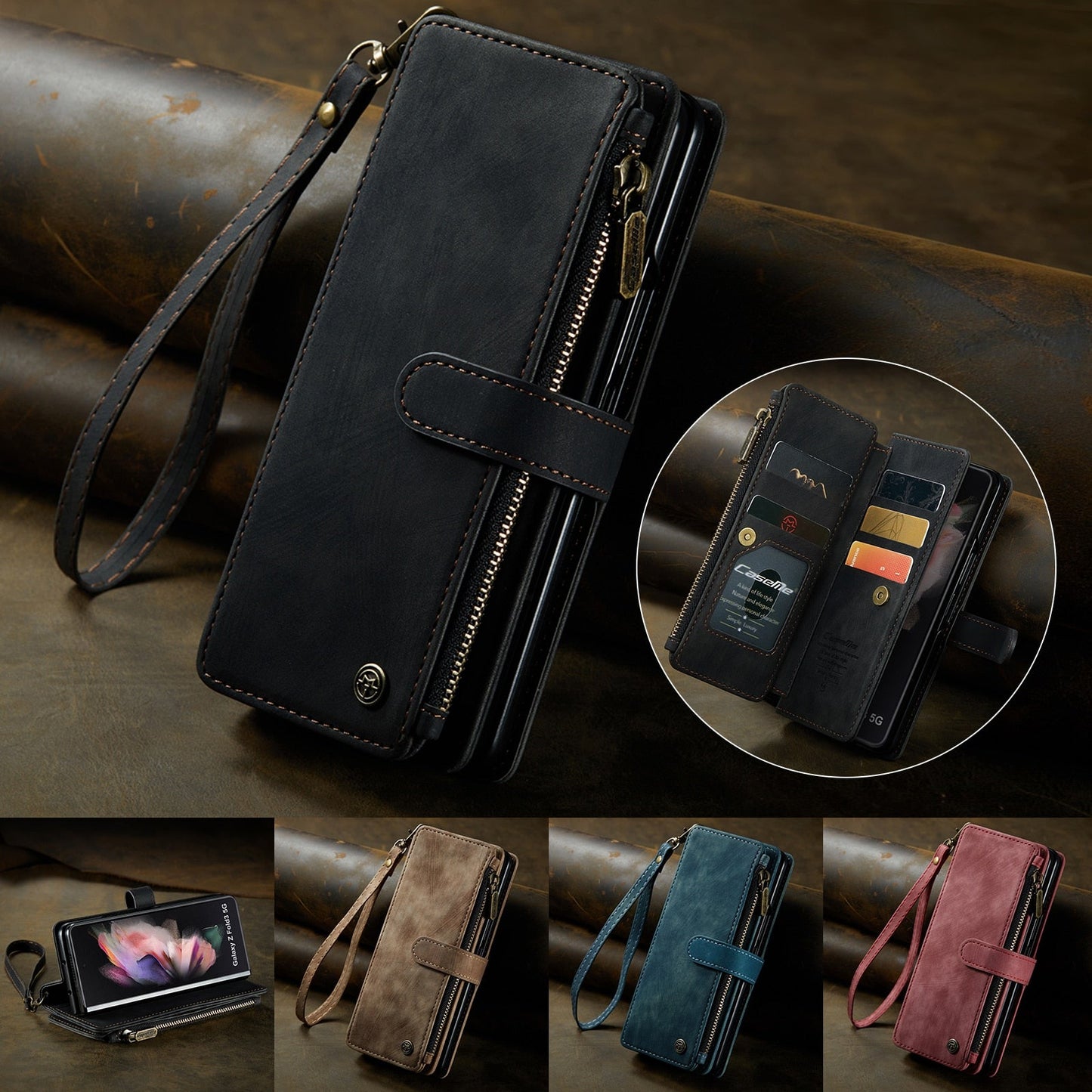 Durable PU Leather Magnetic Wallet Flip Lanyard Strap Wristlet Zipper Card Holder Phone Case for Samsung Galaxy Z Fold 3/Z Fold 4