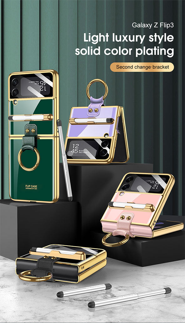 Luxury Plating Cover For Samsung Galaxy Z Flip 3 Case Back Protector Film With Ring Stand Hard Cover For Galaxy Z Flip3 Case
