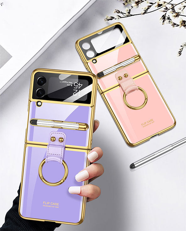 Luxury Plating Cover For Samsung Galaxy Z Flip 3 Case Back Protector Film With Ring Stand Hard Cover For Galaxy Z Flip3 Case