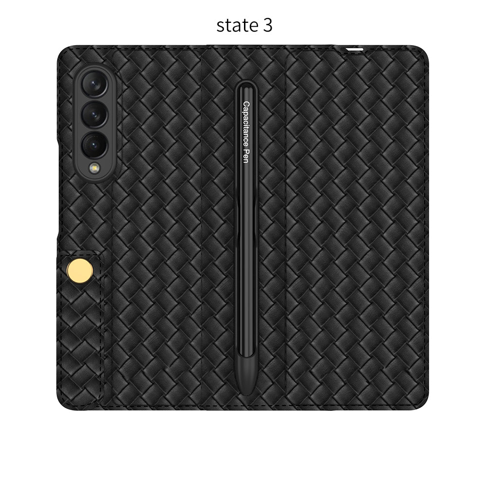 Leather Weaving BV Grid Case For Samsung Galaxy Z Fold 3 5G Card Clip Slot Phone Cover For Galaxy Z Fold 3 Case Included Pen