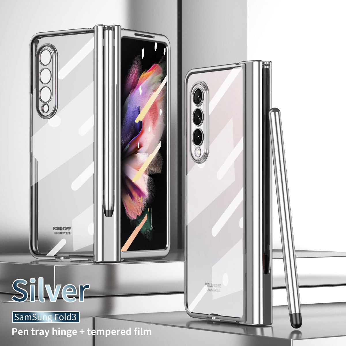 S Pen Fold Edition Case for Samsung Galaxy Z Fold 2 Z Fold 3 Pencil Slot Electroplating Clear Back Cover with Tempered Glass