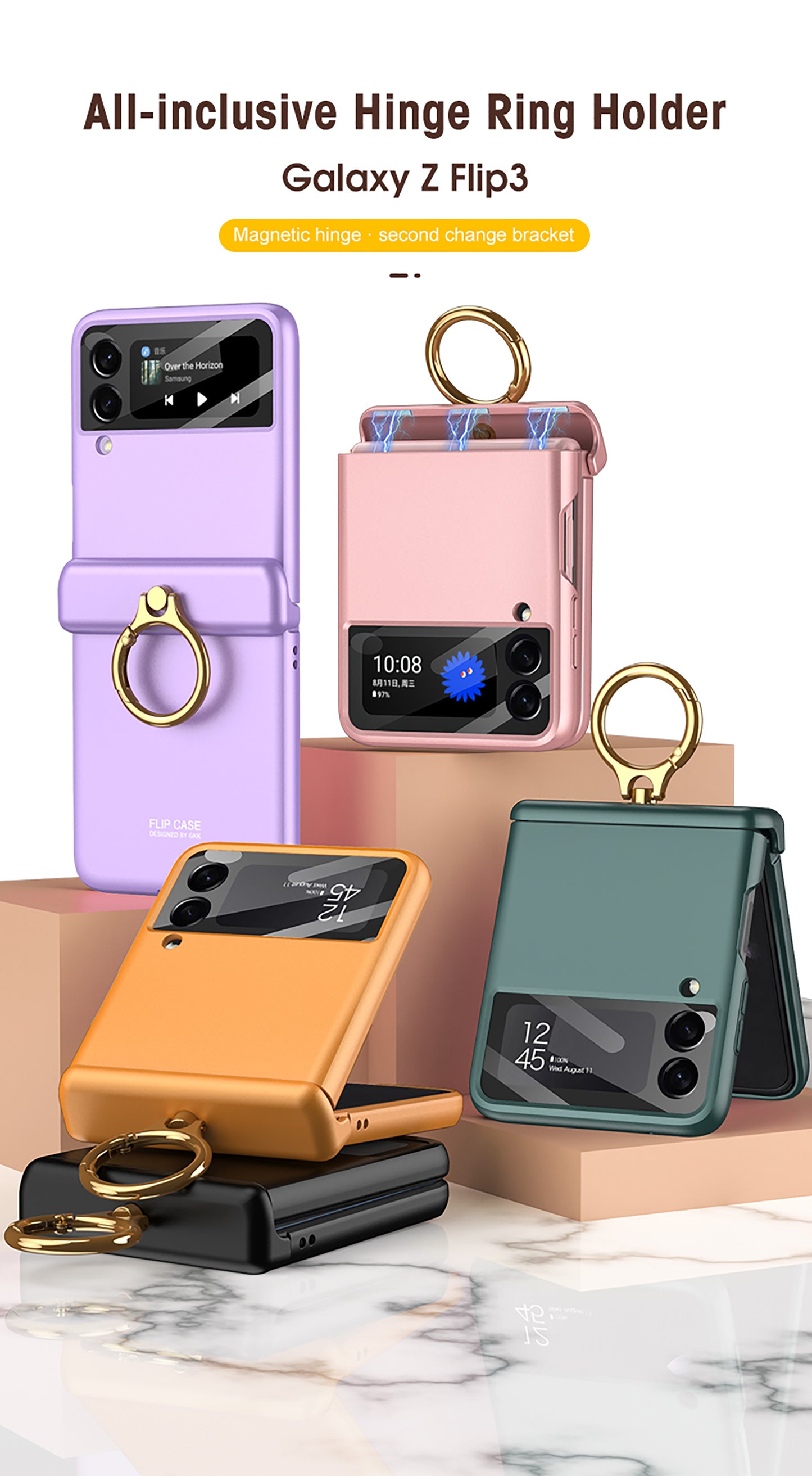 Magnetic hinges All-included Case For Samsung Galaxy Z Flip 3 5G Back Screen Glass Plastic Hard Cover For Samsung Flip3 Case