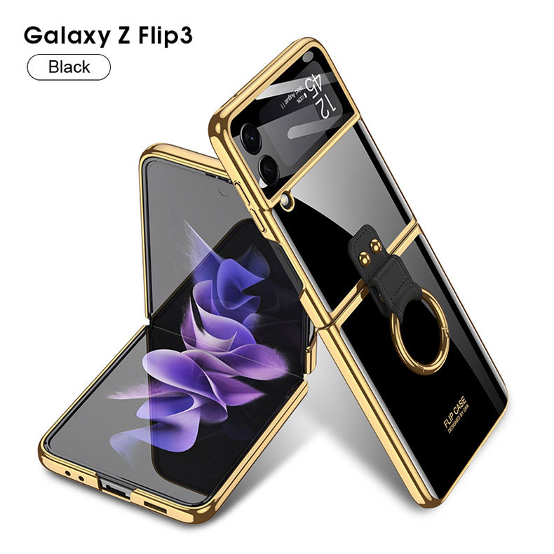Luxury Plating Cover For Samsung Galaxy Z Flip 3 Case Back Protector Film With Ring Stand Hard Cover For Galaxy Z Flip3 Case
