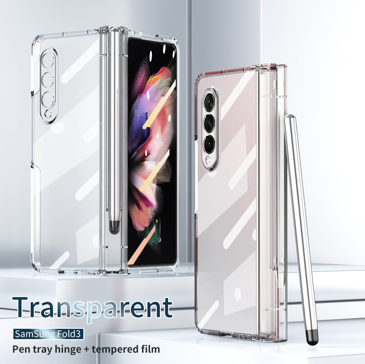 S Pen Fold Edition Case for Samsung Galaxy Z Fold 2 Z Fold 3 Pencil Slot Electroplating Clear Back Cover with Tempered Glass