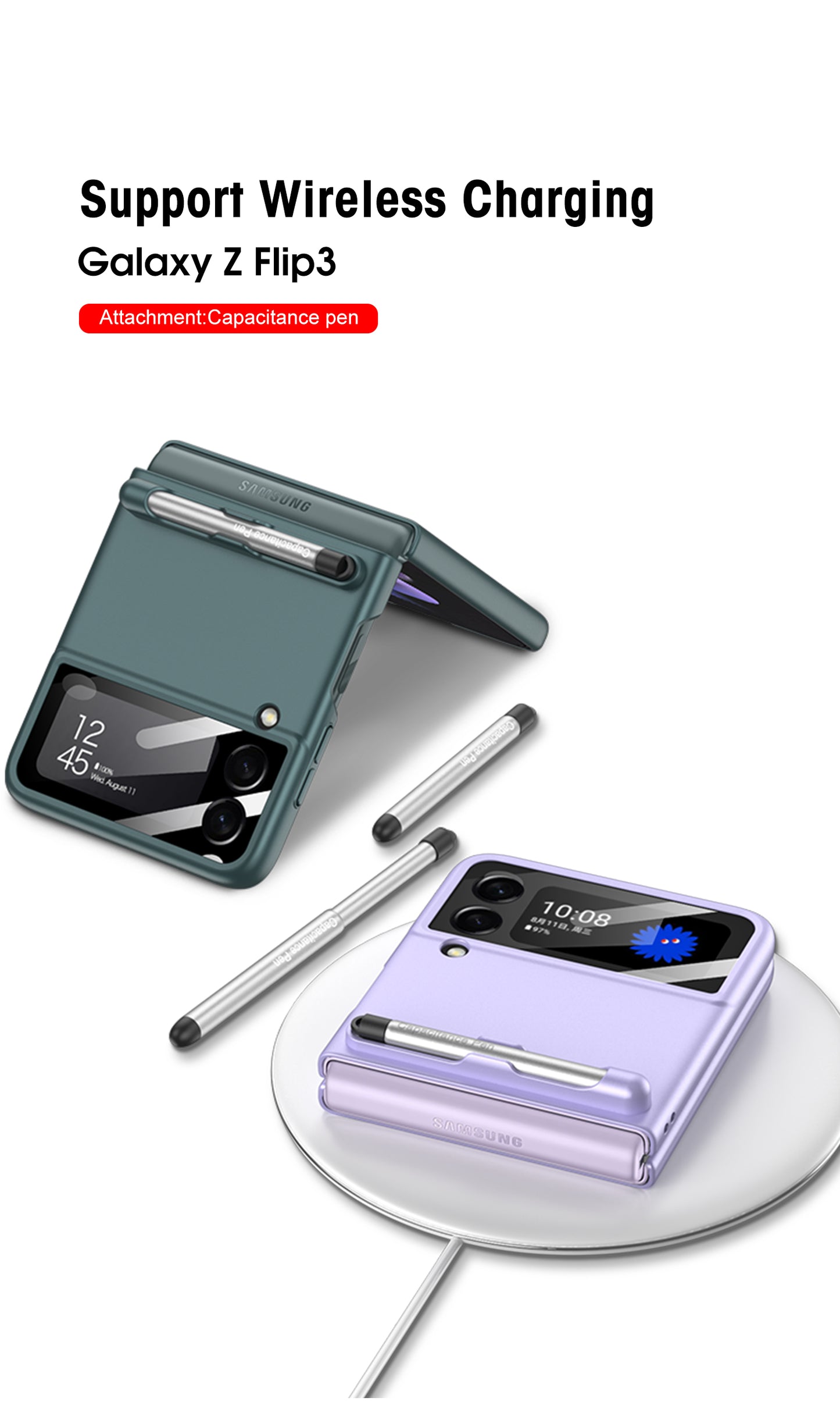 Ultra-thin With Capacitive Pen Plastic Case For Samsung Galaxy Z Flip 3 5G Screen Protector Hard Cover For Galaxy Flip3 Case