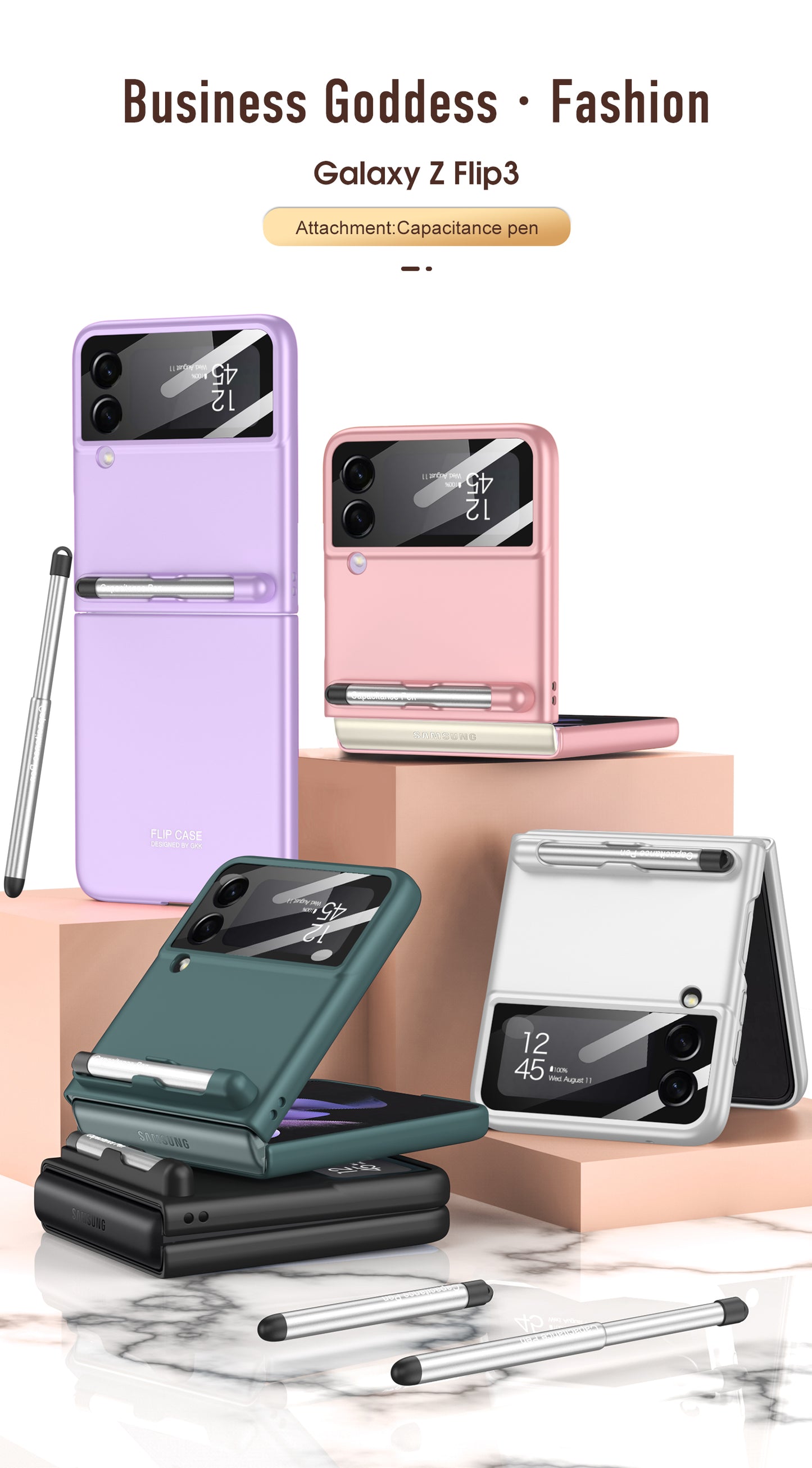 Ultra-thin With Capacitive Pen Plastic Case For Samsung Galaxy Z Flip 3 5G Screen Protector Hard Cover For Galaxy Flip3 Case