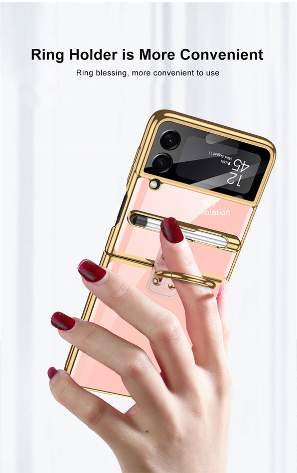 Luxury Plating Cover For Samsung Galaxy Z Flip 3 Case Back Protector Film With Ring Stand Hard Cover For Galaxy Z Flip3 Case