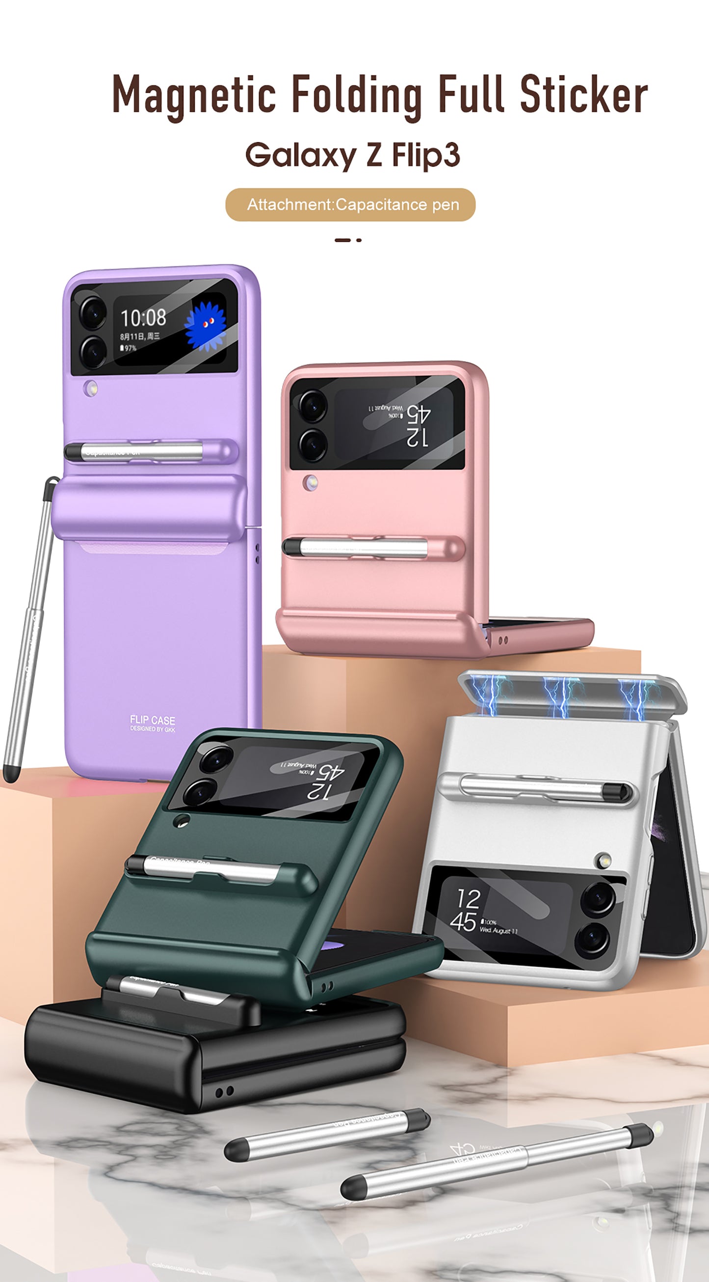 Magnetic hinge Slim Case For Samsung Galaxy Z Flip 3 5G With Capacitive Pen Slot Plastic Phone Cover For Galaxy Z Flip3 Case
