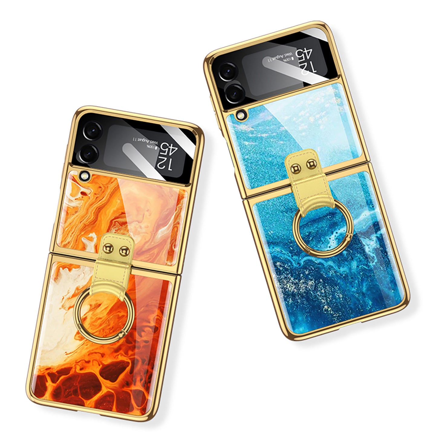 Painted Tempered Glass Ring Stand Cover For Samsung Galaxy Z Flip Fold 3 2 Case Plating Frame For Galaxy Z Flip3 Fold3 CASE