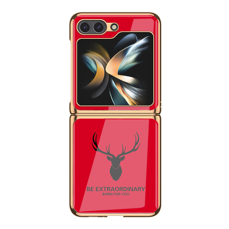 Simple Deer Head Samsung Z Flip5 Shell Electroplated Glass Protective Case