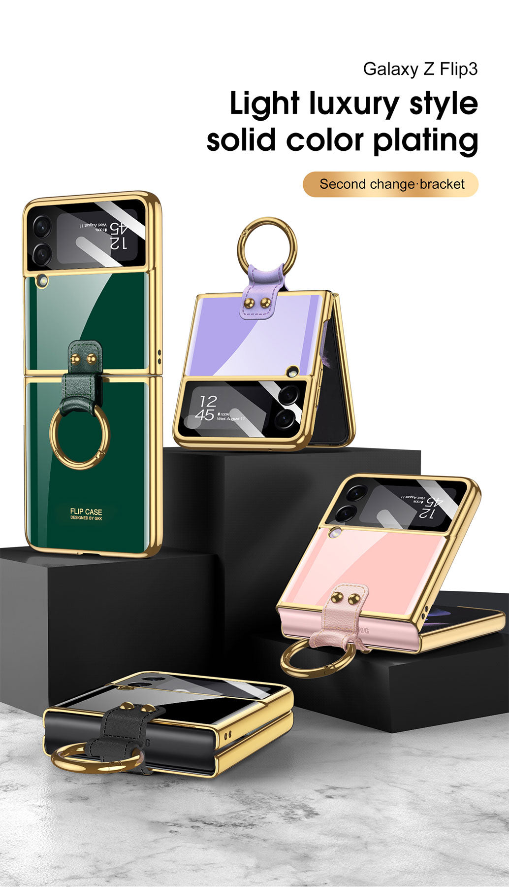 Tempered Glass Ring Case For Samsung Galaxy Z Flip 3 5G Luxury Back Screen Glass Plating Phone Cover For Galaxy Z Flip3 Case