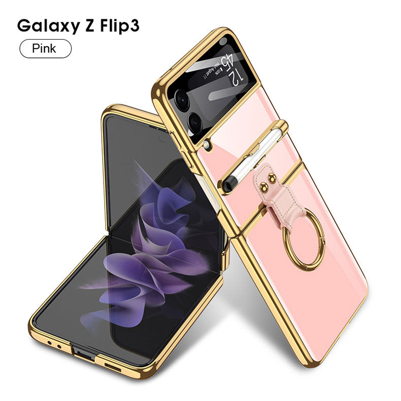 Luxury Plating Cover For Samsung Galaxy Z Flip 3 Case Back Protector Film With Ring Stand Hard Cover For Galaxy Z Flip3 Case