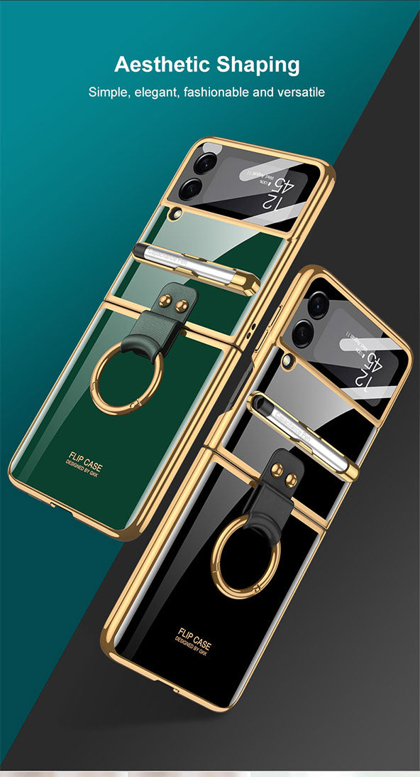Luxury Plating Cover For Samsung Galaxy Z Flip 3 Case Back Protector Film With Ring Stand Hard Cover For Galaxy Z Flip3 Case