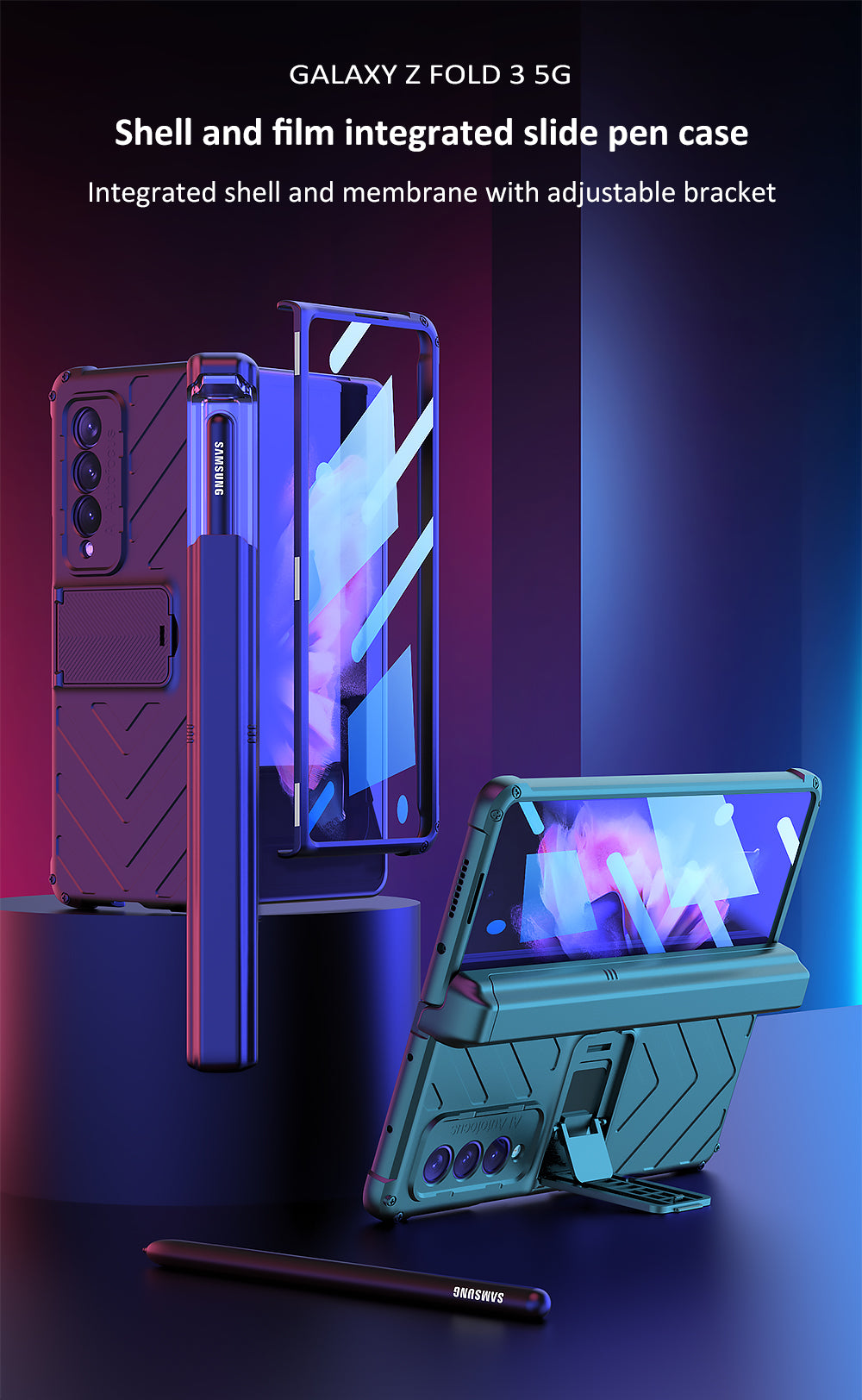Magnetic Hinge Frame Pen Case Cover For Samsung Galaxy Z Fold 3 All-included Tempered Glass Plastic Case For Samsung Z Fold3