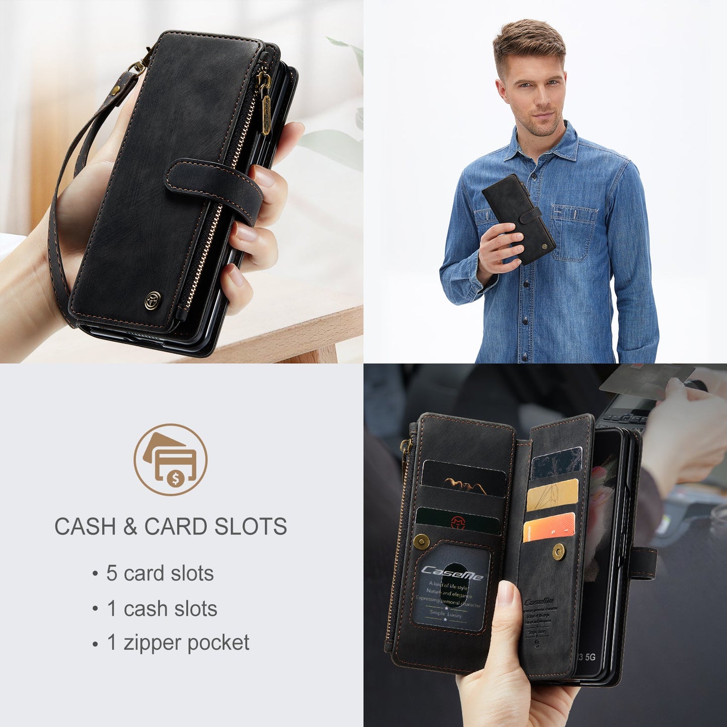 Durable PU Leather Magnetic Wallet Flip Lanyard Strap Wristlet Zipper Card Holder Phone Case for Samsung Galaxy Z Fold 3/Z Fold 4