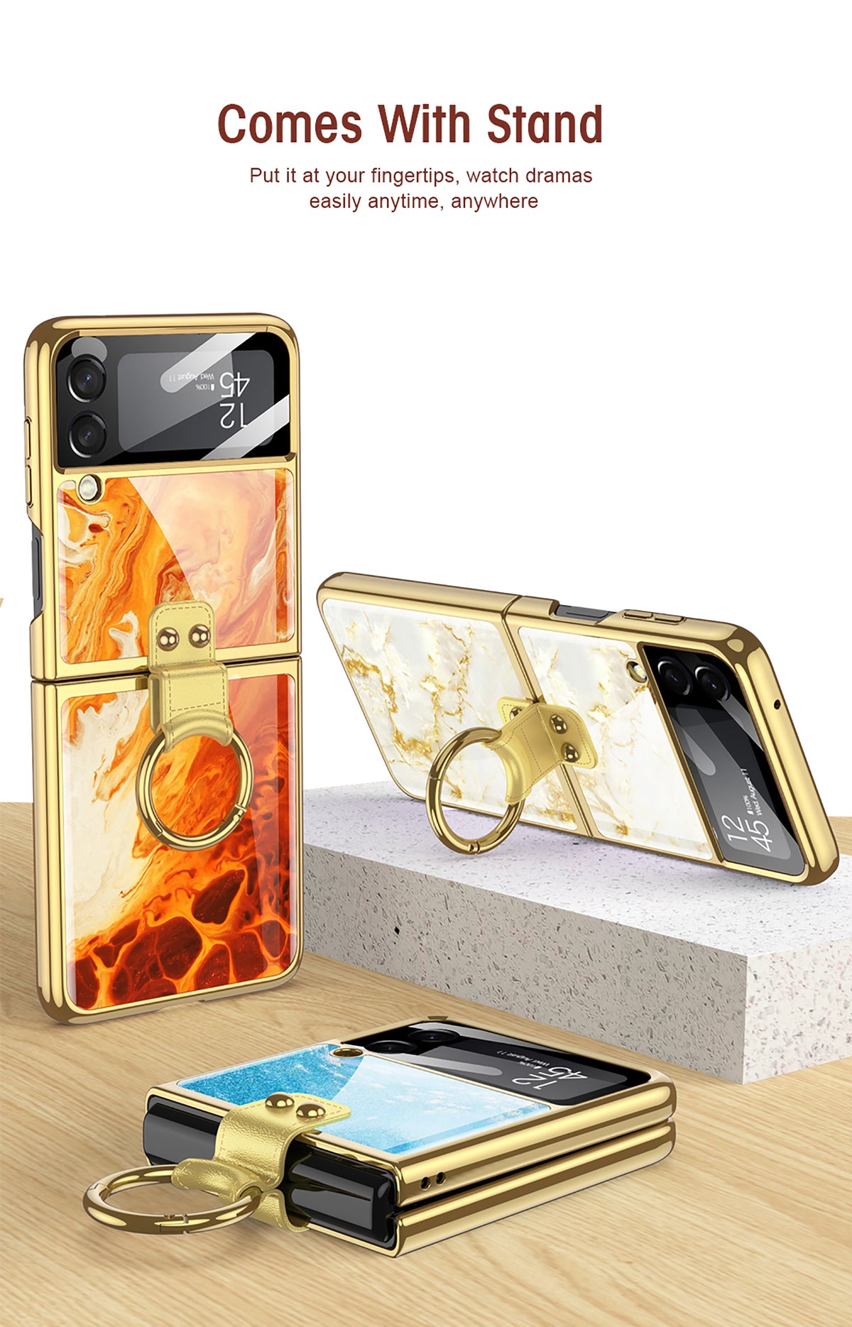 Painted Tempered Glass Ring Stand Cover For Samsung Galaxy Z Flip Fold 3 2 Case Plating Frame For Galaxy Z Flip3 Fold3 CASE