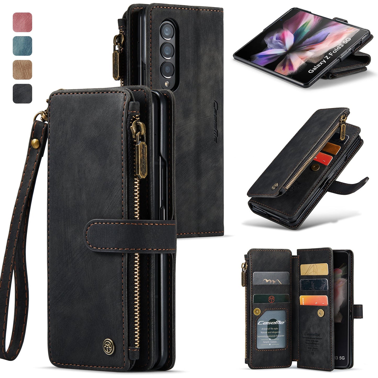 Durable PU Leather Magnetic Wallet Flip Lanyard Strap Wristlet Zipper Card Holder Phone Case for Samsung Galaxy Z Fold 3/Z Fold 4