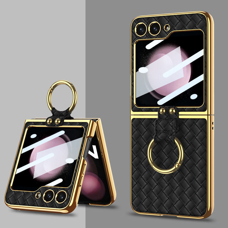 Samsung Z Flip5 Electroplating Woven Leather Case with Ring and Film