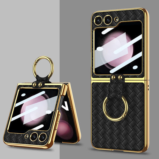 Samsung Z Flip5 Electroplating Woven Leather Case with Ring and Film