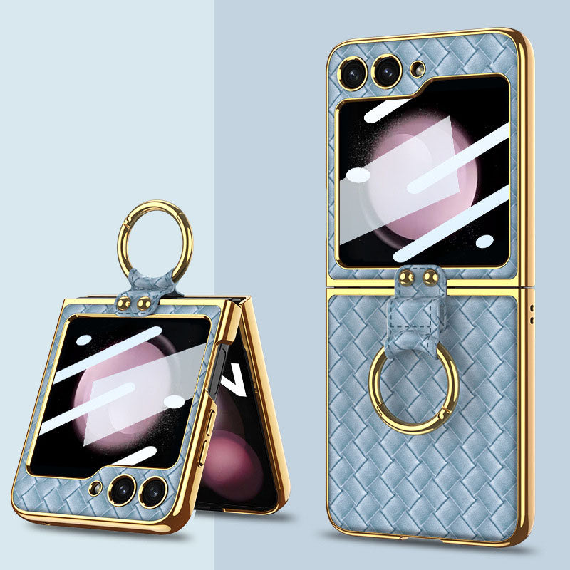 Samsung Z Flip5 Electroplating Woven Leather Case with Ring and Film