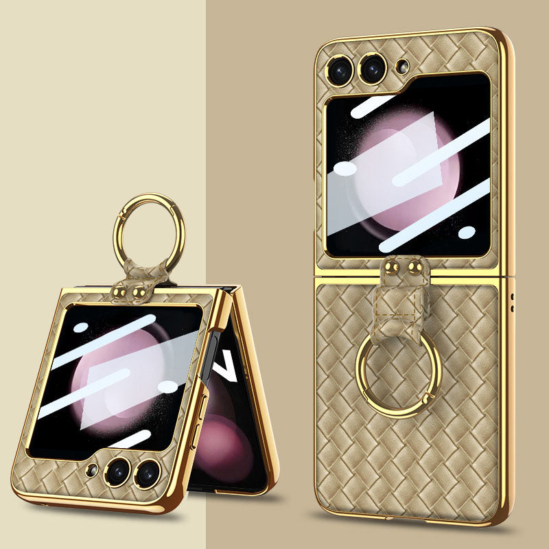 Samsung Z Flip5 Electroplating Woven Leather Case with Ring and Film